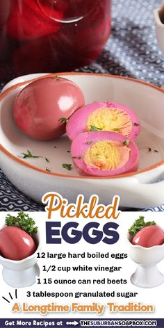 an advertisement for pickled eggs on a table