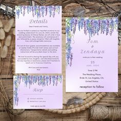 wedding stationery with purple flowers and wister