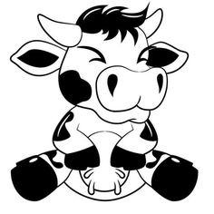 a black and white cow sitting down with its legs crossed in front of it's face