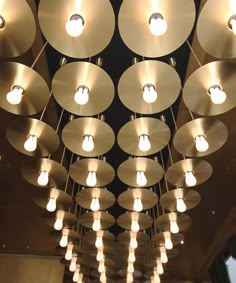 the lights are hanging from the ceiling in the building's lobby area, with circular chandeliers above them