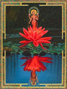 a painting of a person sitting on top of a red flower in the middle of water