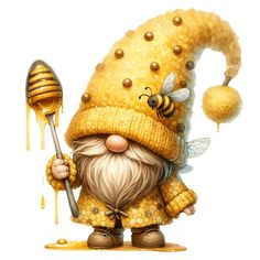 a cartoon character is holding a honey comb and wearing a yellow hat with bees on it