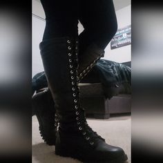 Brand New Never Worn. Do Not Have Original Box. Gothic High-top Black Combat Boots, Black Fade-resistant Combat Boots, Black Lace-up Combat Boots With Metal Accents, Gothic Leather Ankle-high Combat Boots, Gothic High-top Combat Boots With Lug Sole, Just Fab Shoes, Moto Boots, Combat Boots, Brand New