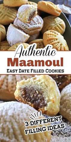 three different types of cookies with text overlay that reads authentic maamou easy date filled cookies