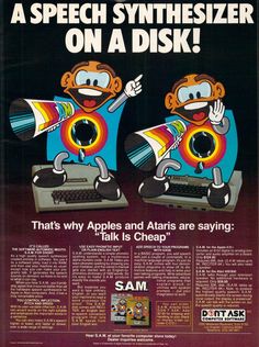 an advertisement for a computer system with two cartoon characters on the same keyboard and mouse