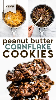 the ingredients to make peanut butter cornflake cookies are in bowls and on top of each other