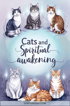 three cats sitting on top of a sign that says cats and spiritful awakeing