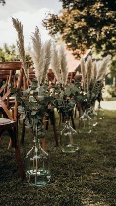 there are many vases with plants in them on the grass near chairs and tables