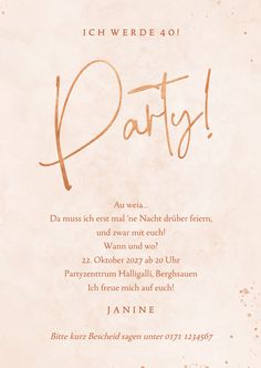 an elegant party card with the word party written in cursive writing