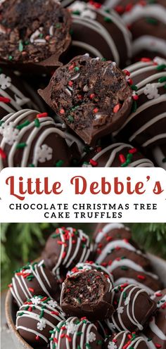 chocolate christmas tree truffles with white and red sprinkles on top