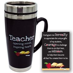 a stainless steel coffee mug with an inspirational quote on it and a teacher appreciation card