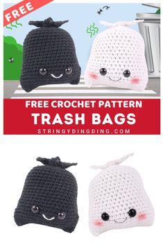 two crocheted bags with the words free crochet pattern trash bags on them