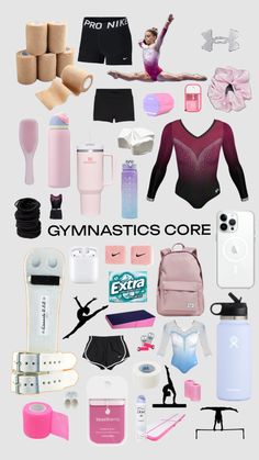 an image of the back side of a poster with gymnastics gear and accessories on it