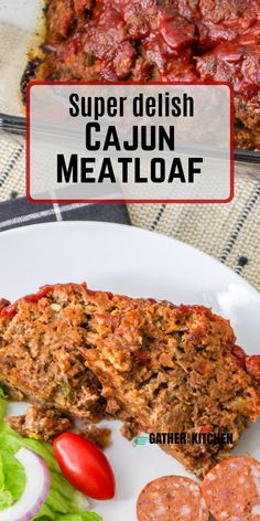 meatloaf on a white plate with lettuce and tomatoes next to it