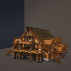 a house made out of wood with lights on