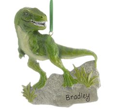 a green dinosaur ornament with the word bradley hanging from it's neck