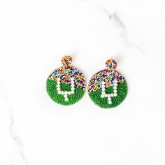 Trendy Round Beaded Earrings With Ear Wire, Trendy Round Beaded Earrings, Trendy Earrings With Colorful Beads, Colorful Beaded Dangle Earrings, Trendy Green Beaded Dangle Earrings, Trendy Green Beaded Drop Earrings, Fun Green Beaded Earrings For Party, Fun Colorful Beaded Drop Earrings, Fun Dangle Beaded Earrings With Ear Wire