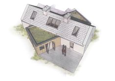 two people are standing in front of a house that has grass on the roof and windows