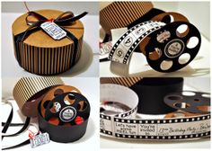 four pictures of different types of film reels with ribbons and tags attached to them