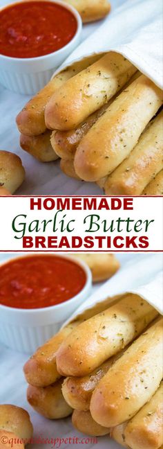 homemade garlic butter breadsticks with marinara sauce in the middle and on top