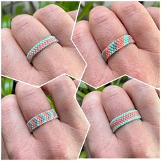 four different pictures of a person's hand wearing a ring made out of yarn