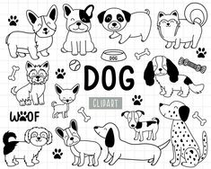 the dog clipart collection includes different dogs and their names in black on a white background