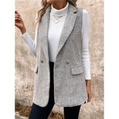 Elevate Your Ensemble With Our Neutral Multi-Color Tweed Vest, A Refined Choice For Adding A Touch Of Sophistication To Any Outfit. This Elegant Vest Features A Versatile Mix Of Neutral Tones, Blending Seamlessly To Complement Various Looks. Designed With A Lapel Neckline And A Double-Breasted Placket With Double Buttons, It Offers A Classic And Polished Appearance. The Sleeveless Design And Regular Fit Ensure Versatile And Comfortable Wear, Perfect For Layering Over Shirts Or Blouses. Crafted F Tweed Blazer Women, Blazer Plus Size, Casual Suit Jacket, Womens Tweed, Plus Size Suits, Plus Size Blazer, Denim Short Dresses, Herringbone Tweed, Tweed Suits