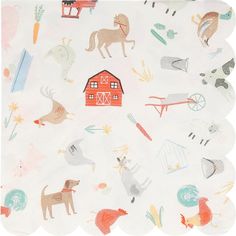 a paper napkin with farm animals on it and a red barn in the background,