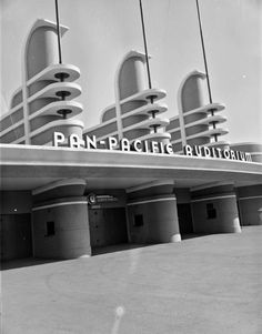 black and white photograph of the pan - pacific radio station in los angeles, ca