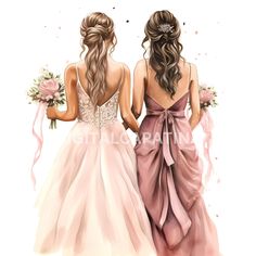 two women in dresses are facing each other with their back to the camera and holding hands