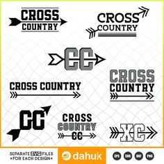 the cross country logo is shown in black and white, with arrows pointing to different locations