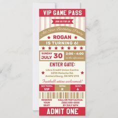 Red & Gold Sports Themed Ticket Birthday Party Invitation Digital Invitations Design, Ticket Invitation, Birthday Invitations Kids, Free Birthday Invitations, Free Birthday Invitation Templates, Sports Theme