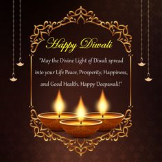 happy diwali greeting card with three lit candles in gold frame on dark background