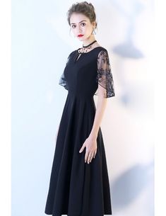 Chic Black Tea Length Party Dress with Cap Sleeves #BLS86006 - GemGrace.com Aline Dresses, Modern Dresses, Summer Bridesmaid Dresses, Concert Dresses, Midi Party Dress, Dress With Cap Sleeves, Graduation Dresses, Woman Suit Fashion, Korean Fashion Dress