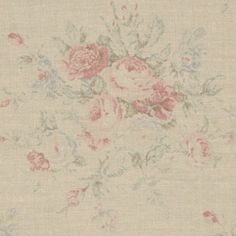 an old - fashioned wallpaper with pink roses and green leaves on white fabric background