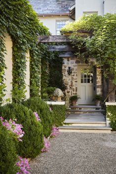 the entrance to a house with lots of greenery and flowers on it's sides