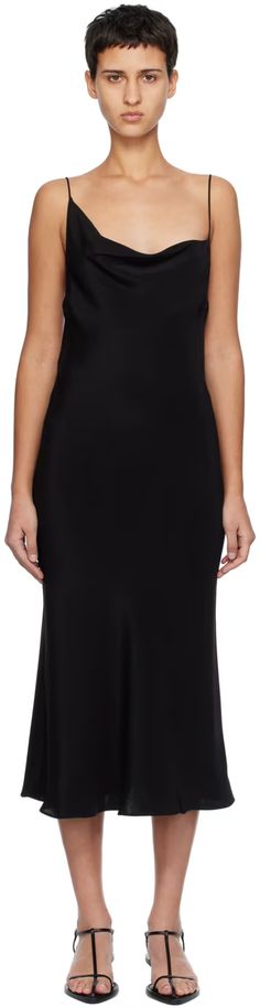 Silk Laundry: Black Carrie Midi Dress | SSENSE Fitted Satin Slip Dress With Asymmetrical Neckline, Sleek Slip Dress With Cowl Back, Satin Slip Dress With Asymmetrical Neckline, Cocktail Slip Dress With Asymmetrical Neckline, Silk Laundry, Silk Satin Dress, French Seam, Satin Dress, Satin Dresses