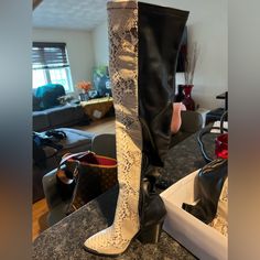 Never Worn - Steve Madden Thigh High Boots . Snake Skin In Front, Solid Black In Back . Designer Boots For Night Out In Fall, Chic Thigh High Heeled Boots, Chic Thigh High Platform Boots With Wide Calf, Chic Wide Calf Thigh High Platform Boots, Chic Thigh High Platform Boots For Wide Calves, Chic Thigh-high Platform Boots For Wide Calf, Trendy Wide Calf Thigh High Heeled Boots, Edgy Knee-high Medium Width Heeled Boots, Thigh High Wide Calf Boots For Night Out