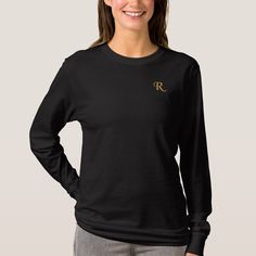 Create Custom Womens Gold Monogram Initials Black Embroidered Long Sleeve T-Shirt Vineyard Vines Long Sleeve Womens, Notary Public, Casual Wardrobe, Women Long Sleeve, Long Sleeve T Shirt, Womens Tees