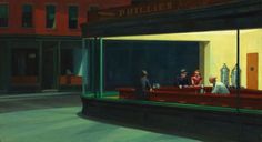 a painting of people sitting at a bar in front of a building with the lights on