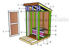 an outdoor storage shed with plans to build the door and shelves for it's contents