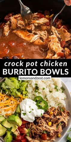 two pictures with the words crock pot chicken burrito bowls