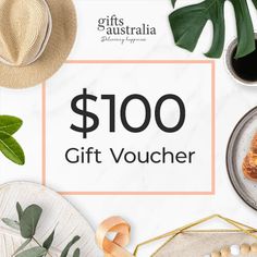 the $ 100 gift voucher is displayed on a marble table with hats and other items