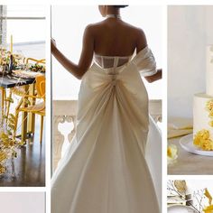 a collage of yellow and white wedding decorations, including a bride's dress