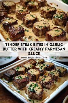 tender steak bites in garlic butter with creamy parmesan sauce