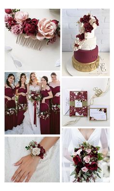 a collage of photos with flowers and bridesmaids