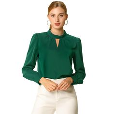 This beautiful blouse with cuffed sleeves and a keyhole design is sure to catch people's attention. The elegant and sophisticated design of the blouse will make you stand out in any setting. The blouse can be paired with suit pants or a pencil skirt, and when paired with heels, it creates a stunning look. The front neckline of the blouse is accentuated with a hollowed-out triangle, adding uniqueness and elegance to the classic design. This blouse is perfect for the cooler season and will be an i Professional Blouses, Women's Office, Chiffon Blouses, Button Blouse, Puff Long Sleeves, Business Work, Elegant Blouses, Chiffon Long Sleeve, Elegant Shirt