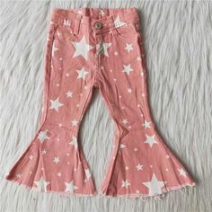 Fabric : Denim Jeans This Jeans is in stock , no moq , can be shipped in 2 days Star Bell Bottom Jeans, Bell Bottom Outfit, Denim Pants Fashion, Toddler Pants, Ruffle Pants, Pink Star, Kids Boutique Clothing, White Stars, Star Jeans