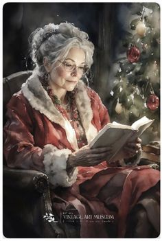 an older woman reading a book in front of a christmas tree