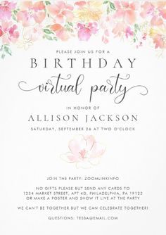 an elegant floral birthday party with pink flowers and greenery on the front, white background